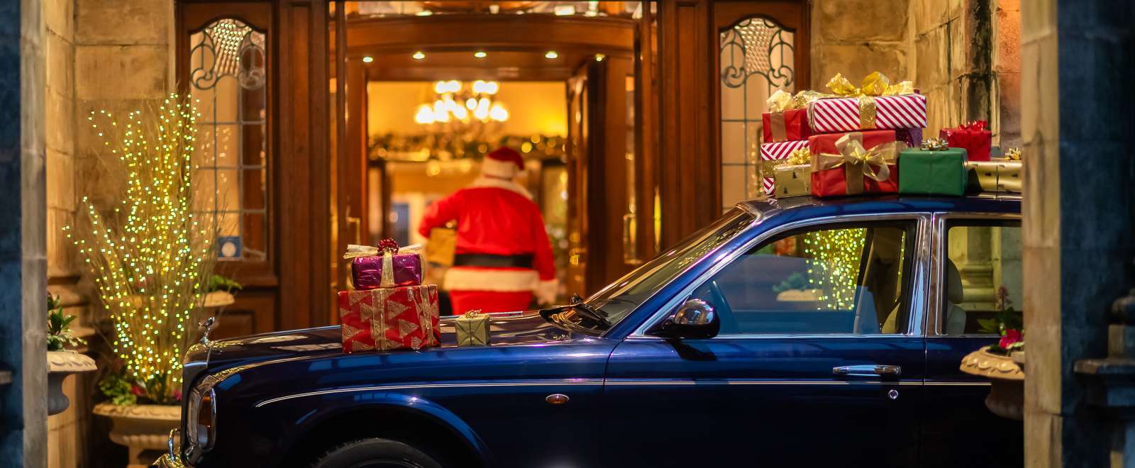 Santa Walking into Hotel