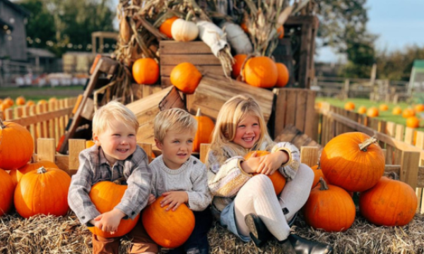 Three children at a pumpkin patch